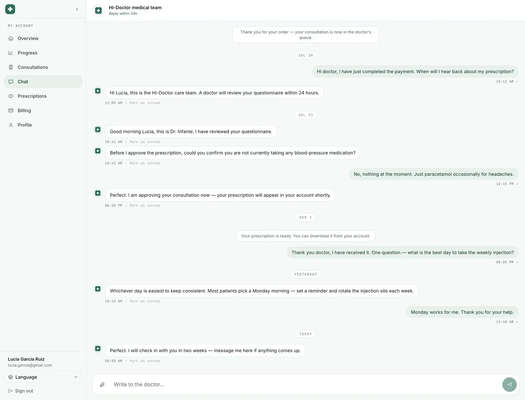 Demo of the private in-account chat between patient and doctor on Hi-Doctor