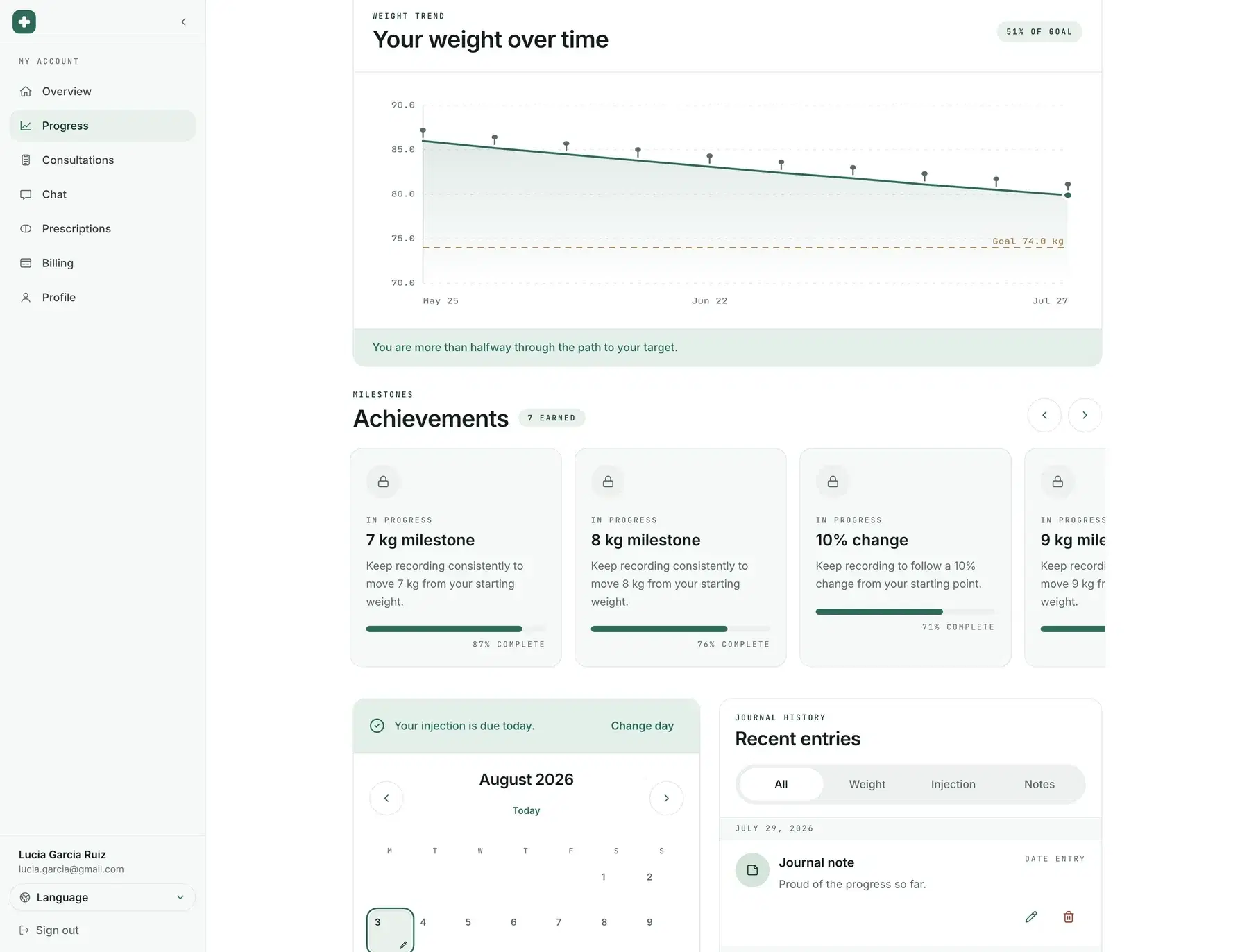Real screenshot of the weight progress journal in the Hi-Doctor patient account
